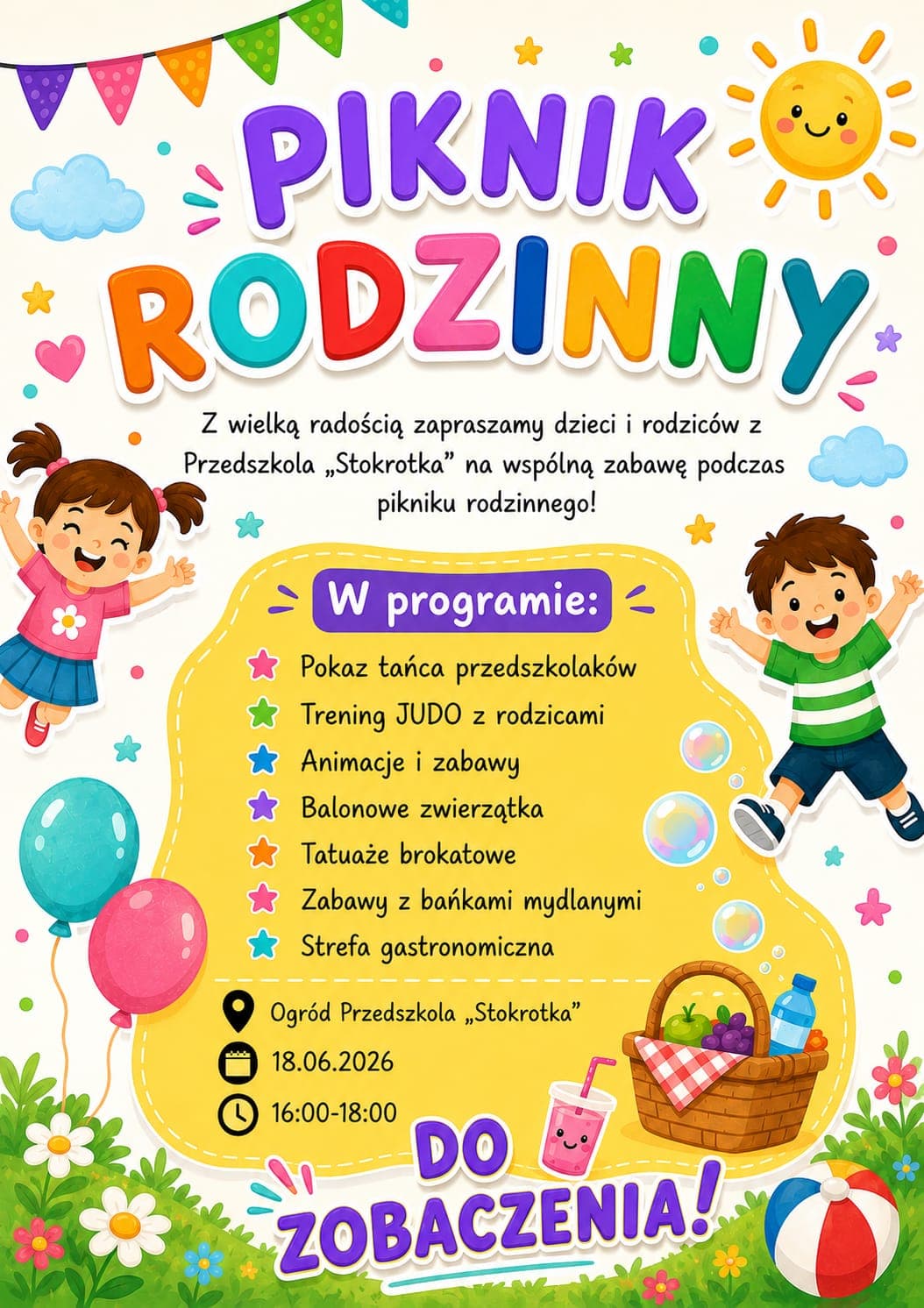 Plakat Pikniku Rodzinnego w Przedszkolu Stokrotka – 18 czerwca 2026, godz. 16:00–18:00, Ogród Przedszkola Stokrotka przy ul. Arkońskiej 25 w Gdańsku