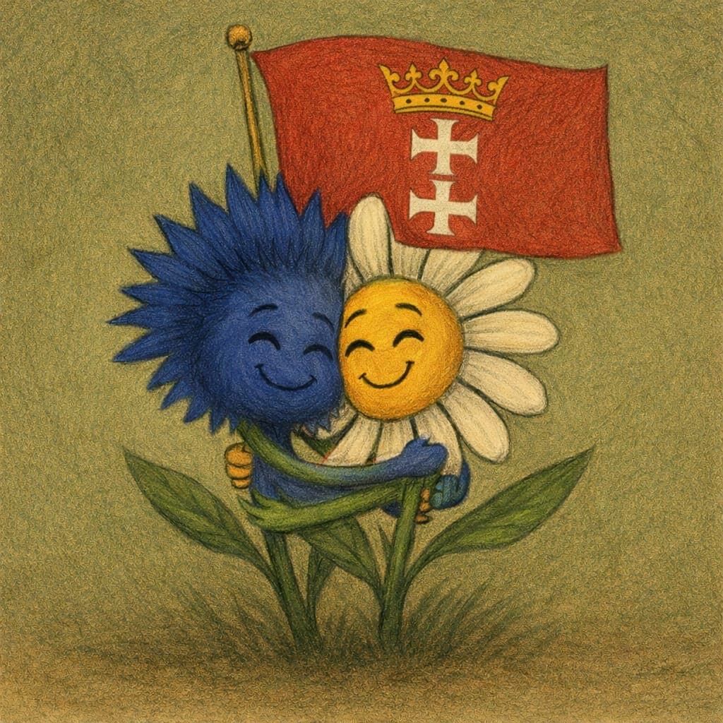 Ilustracja chabra przytulającego stokrotkę pod flagą Gdańska — symbol Przedszkola Stokrotka na Przymorzu Małym